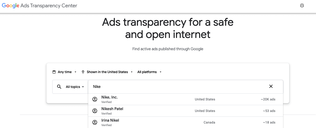 How to check if a website is running Google Ads? 3 searched nike ads on google ads transparency center